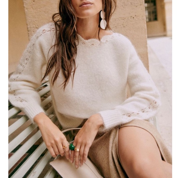 SEZANE Ecru Cream Mohair Wool Scalloped Lace Panel Balloon Sleeve Stacy Sweater - Picture 5 of 17